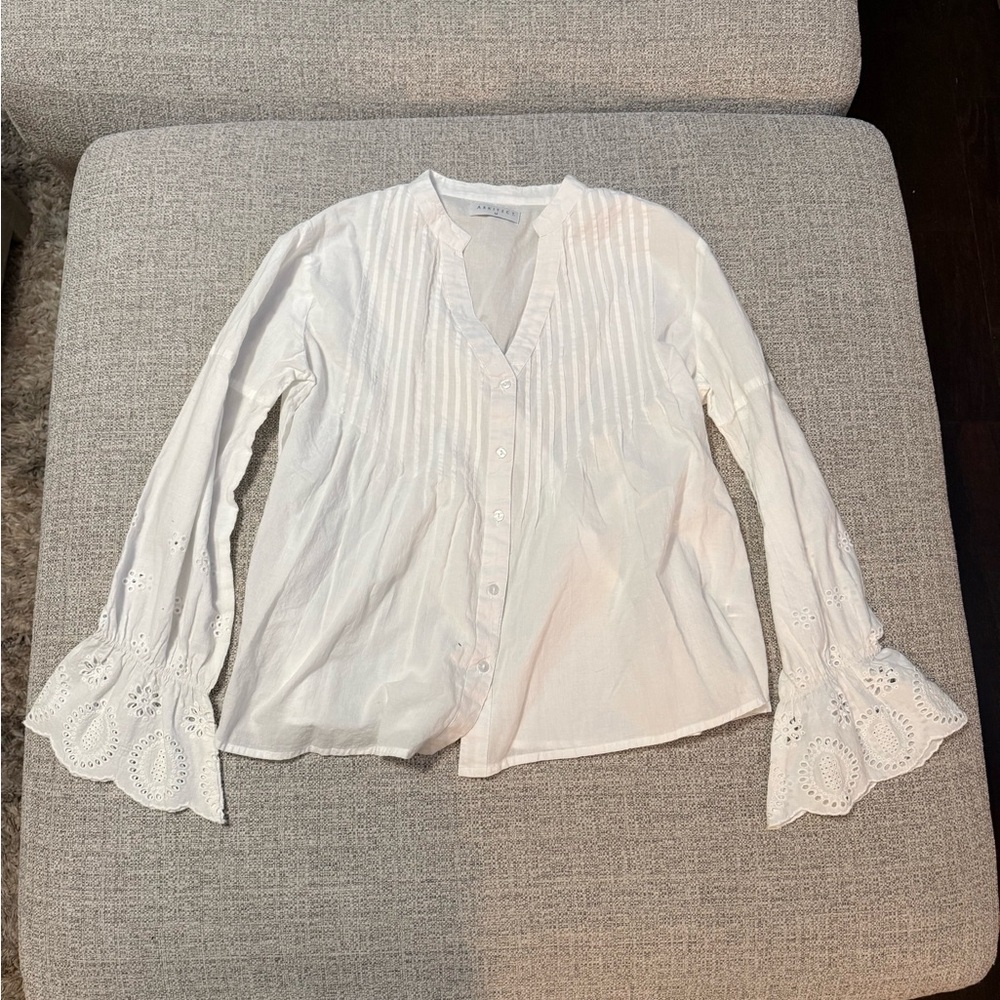 Women's White Eyelet Bell-Sleeve Pintuck Button-Down Shirt